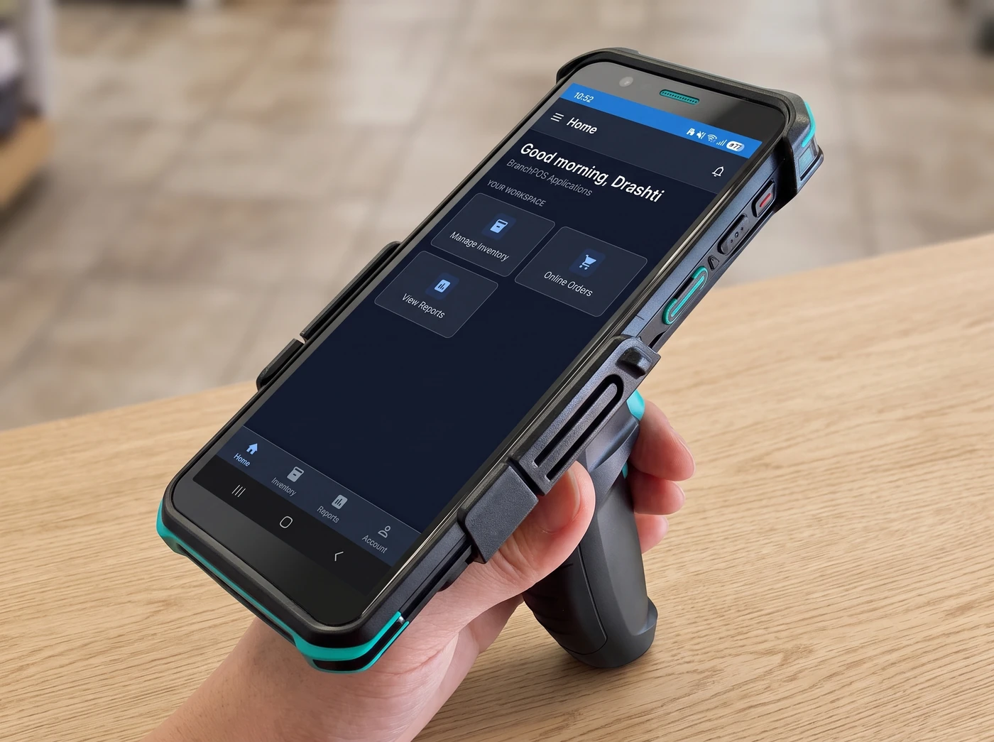 The Branch mobile app on a handheld: a home workspace with Manage Inventory, Online Orders and View Reports