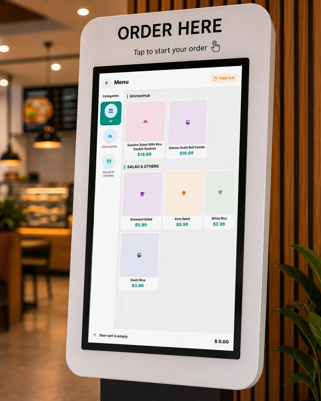 A self-serve ordering kiosk showing the menu in a restaurant lobby