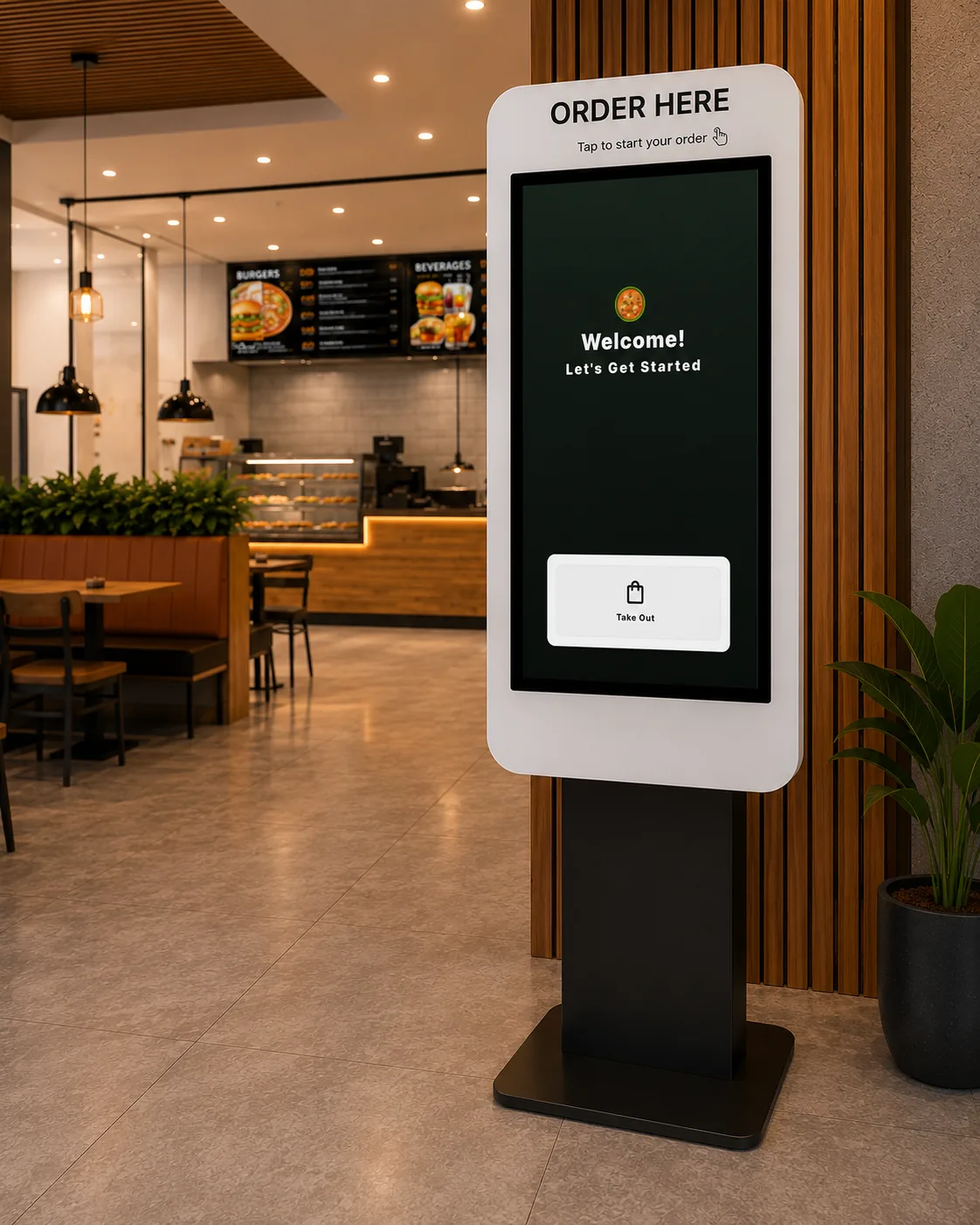 A self-serve ordering kiosk with an Order Here header