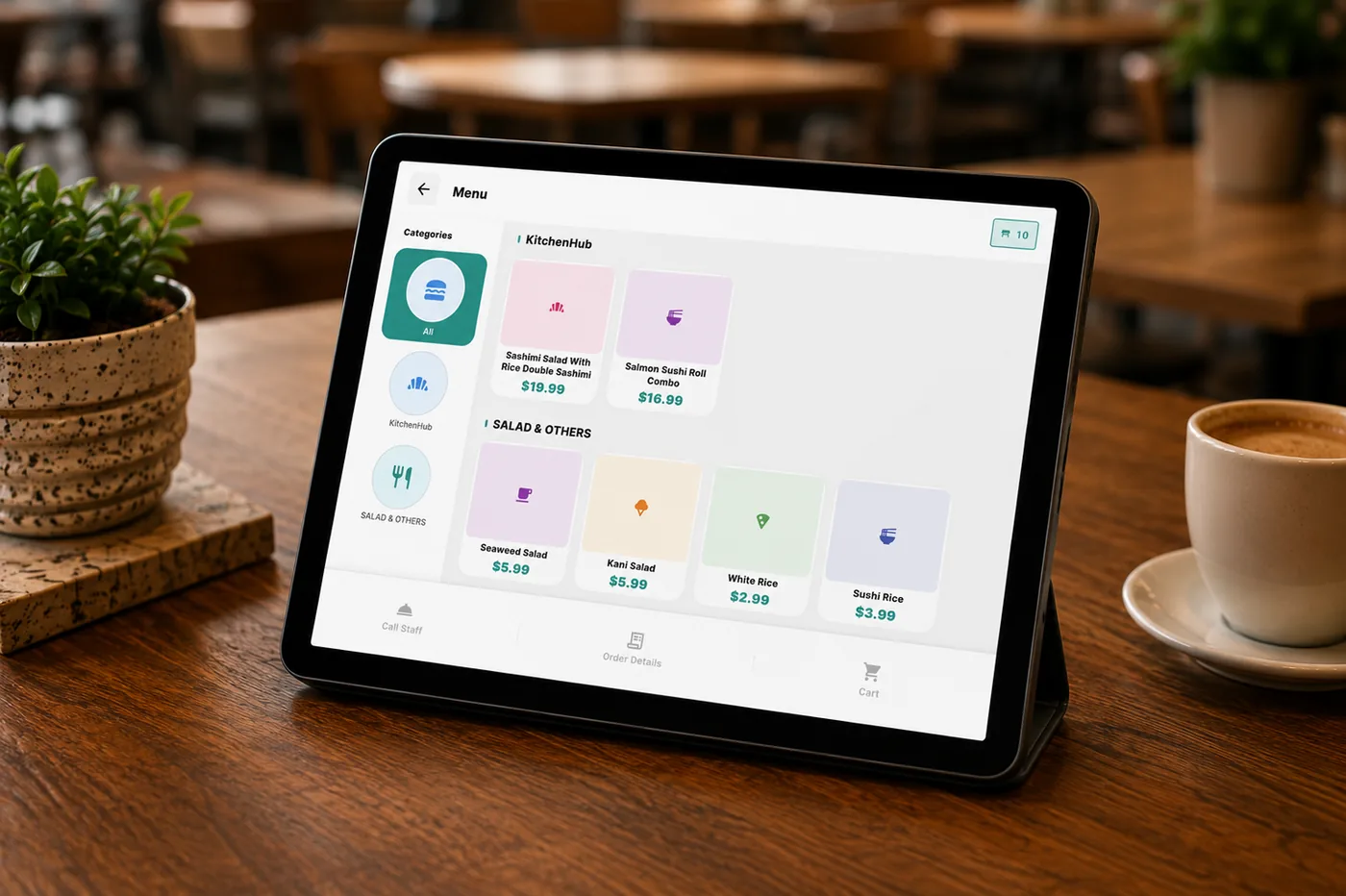A tablet on a restaurant table showing the Branch Eats ordering menu